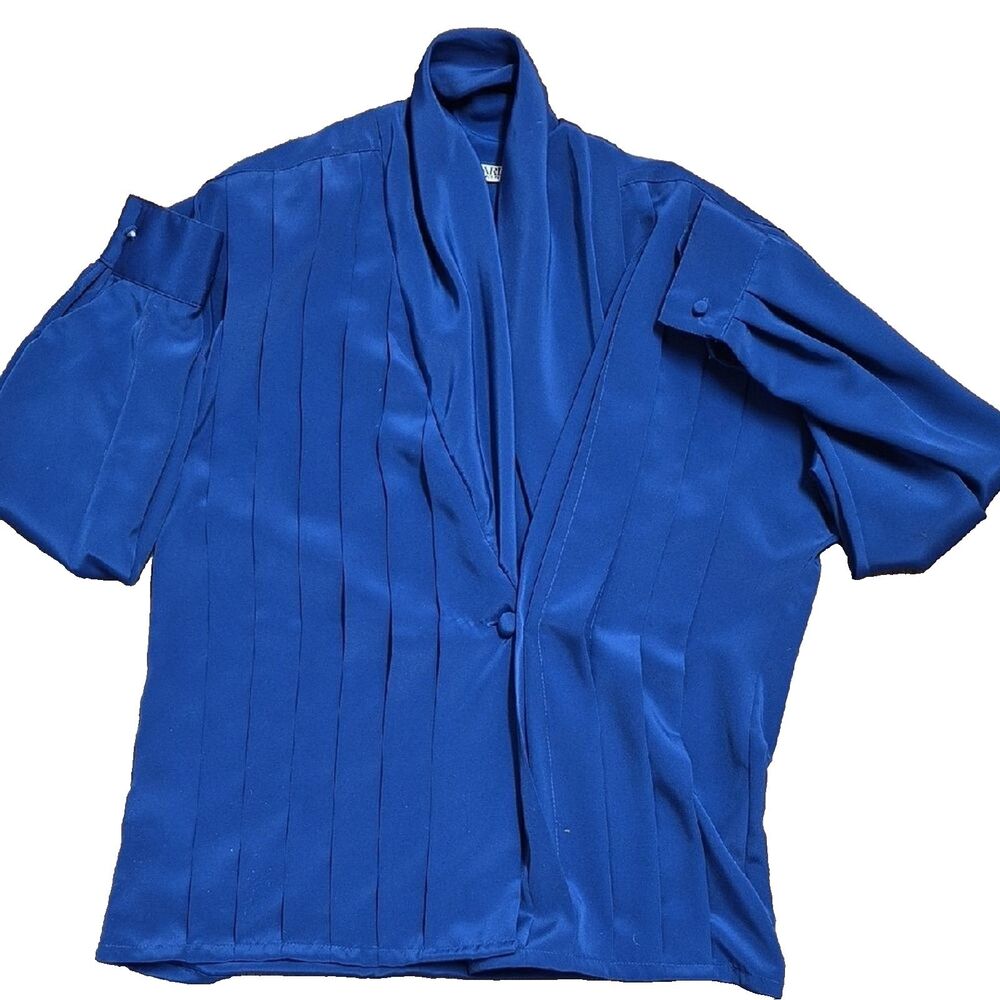 Vintage Marlis 80s Padded Shoulder Blouse Royal Blue Wrap Top Petite Small PS 90 - Picture 11 of 13